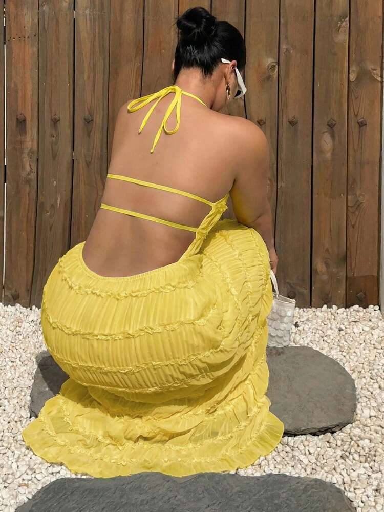 Dazy Plus Chiffon Mesh Sexy Lace-Up Backless Dress, Vacation Style