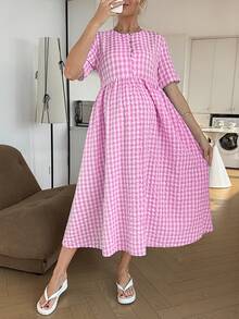 SHEIN Đầm ngắn tay cổ tròn in họa tiết kẻ caro thanh lịch dành cho bà bầu - Hồng - Xem 4