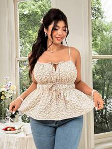 FleurLily Plus Size Women's Brown Jacquard Summer Camisole Top,Elegant Contrast Color Spaghetti Strap Tie-Up Bow Hollow Out Fashionable Cami Gym - Khaki - View 3