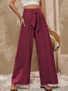 EMERY ROSE 度假休闲纯色高腰系带阔腿裤 - 紫紅色 - 查看 6