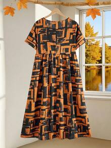 Rusticease Vestido casual de fiesta con pliegues y estampado geométrico para mujer de talla grande - Naranja - Ver 2