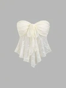 Sweetra 精致法式浪漫风格提花面料抹胸设计粉色杏色两件套，时尚性感修身度假派对可爱上衣，女士 - 彩色 - 查看 7