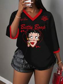Slaydiva Betty Boop x SHEIN Casual Minimalist V-Neck Plus Size Women's Cartoon Print T-Shirt, Suitable For Summer - Multicolor - View 1
