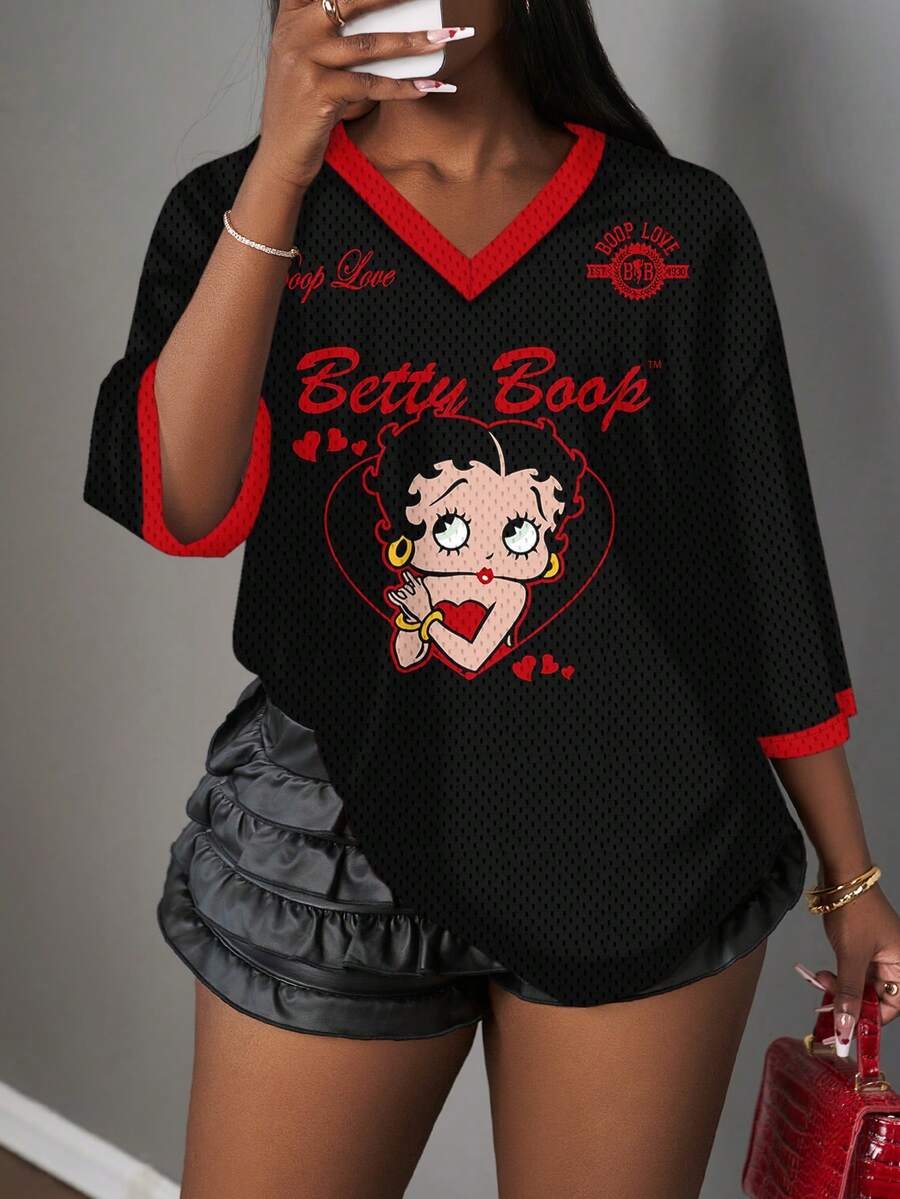 Slaydiva Betty Boop x SHEIN Casual Minimalist V-Neck Plus Size Women's Cartoon Print T-Shirt, Suitable For Summer - Multicolor - View 1