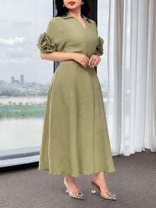 Feyla V-Neck Waist Cinching Handmade 3D Floral Belt Decor Commuting Elegant Versatile Comfortable Summer Dress - Green - View 5