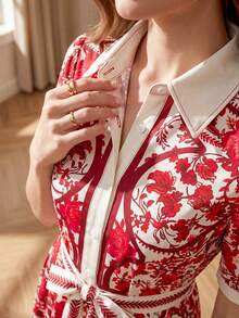Suri Mira 休闲度假风碎花系带短袖衬衫领A字迷你连衣裙，女士，春夏款 - 彩色 - 查看 7