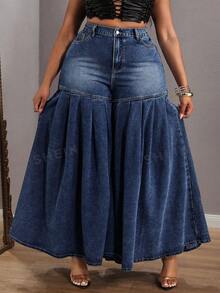 Slaydiva 大码拼接喇叭牛仔裤 - 深色水洗藍 - 查看 3