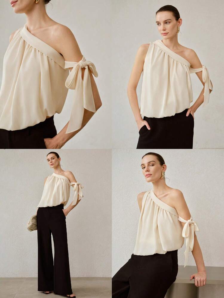 ASYMMETRIC NECK KNOT LOOSE SLEEVELESS CHIFFON BLOUSE