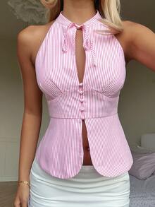 CovetEZ 女士休闲粉色条纹镂空系带露背上衣 - 粉色 - 查看 2