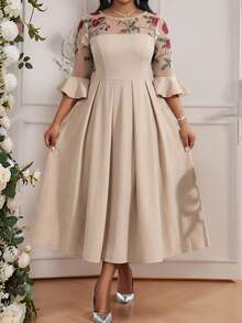 SHEIN Lady Đầm cỡ lớn thanh lịch phối lưới cổ tròn tay lửng 3/4 - Nhiều màu - Xem 2