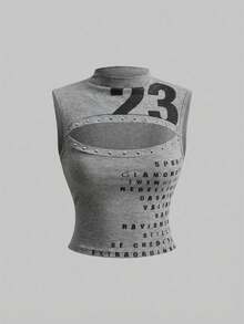 ROMWE Avant Top corto con estampado digital en inglés, remaches y diseño hueco sexy retro para mujer - Gris - Ver 2