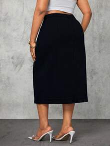 Slaydiva Plus Size Women's Cowgirl High Slit Sexy Denim Skirt, Fall For Women - Black - View 2
