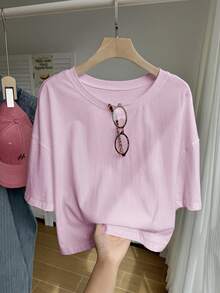 SHEIN Comfortcana Plus Size Casual Drop Shoulder Short T-Shirt, Solid Color - Mauve Purple - View 1