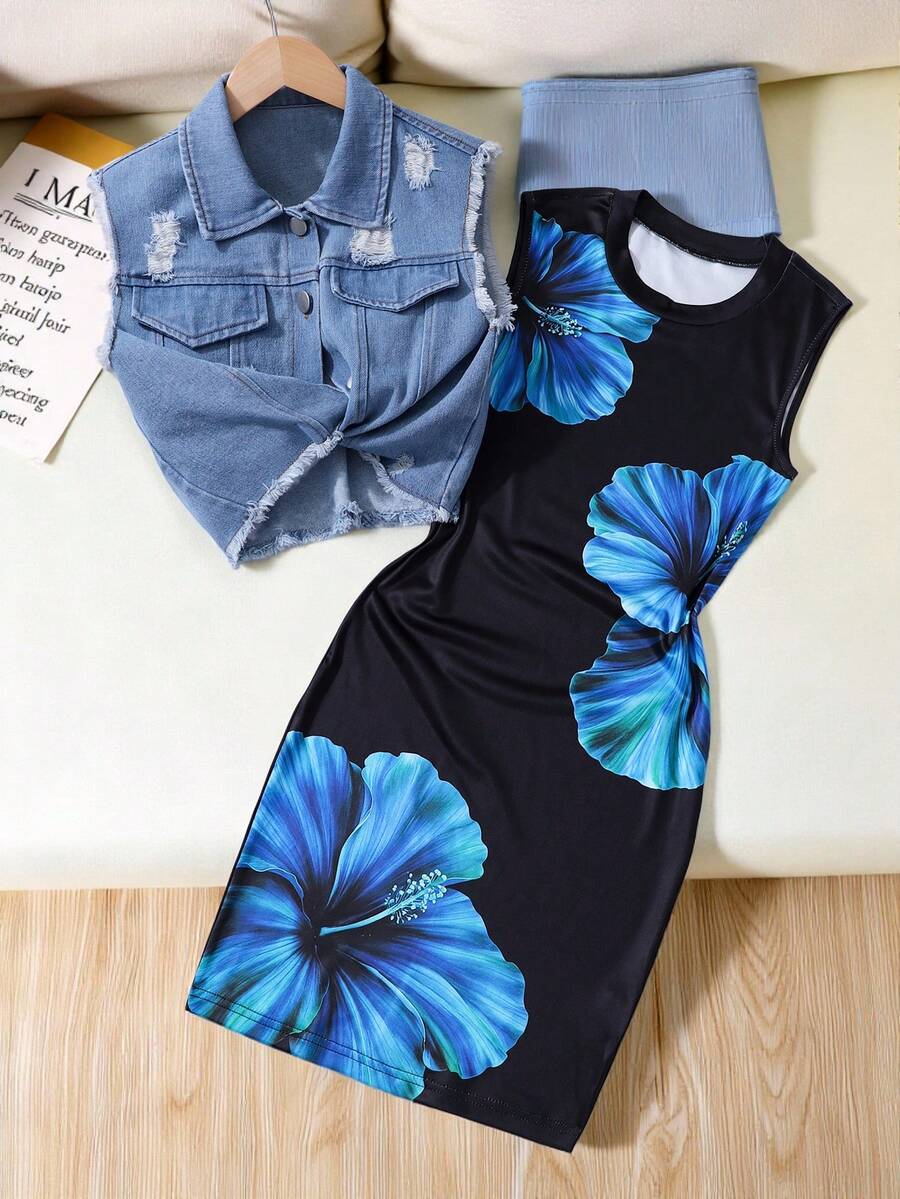 SHEIN 少女两件套:黑色数码印花针织吊带连衣裙 + 做旧牛仔背心,休闲通勤装 - 黑色 - 查看 1