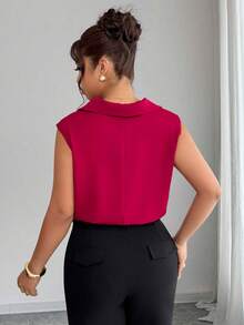 Elenzga Plus Size Women's Elegant Sleeveless Collared Pleated Bodysuit, Spring/Summer - Burgundy - View 2