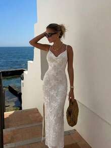 Firerie Women's Casual Elegant Jacquard Slit Slip Dress Lace Dress For Women Elegant Resort Wear Women Vacation Dress White Beach Outfit Women Dress,Summer Dresses For Women - Apricot - View 2