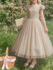 Tween Girl Elegant Contrast Lace Bow Decor Party Dress - Apricot - View 3