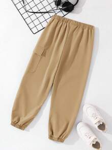 SHEIN Kids/Tween Boys' Khaki Summer Casual School Cargo Pants,Sports Graphic Print Patch Pocket Loose Tapered Solid Color Trousers,Daily Vacation Outfits - Khaki - View 2