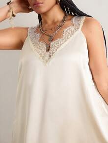 Freevana Vestido suelto sin mangas con cuello en V para mujer de talla grande, diseño asimétrico, unicolor, albaricoque, con ribete de encaje satinado, parches de encaje, sexy y cómodo, elegante para uso diario, vacaciones, primavera/verano - Albaricoque - Ver 7