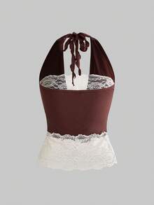 ROMWE Hippie Áo camisole nữ kiểu retro vintage 2 trong 1 phối màu tương phản, chất liệu ren, cổ xếp ly, thích hợp cho lễ hội âm nhạc. - màu nâu - Xem 2