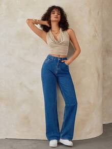EURMUSE 女式高腰直筒牛仔裤 浅蓝色 - 中等水洗藍 - 查看 2