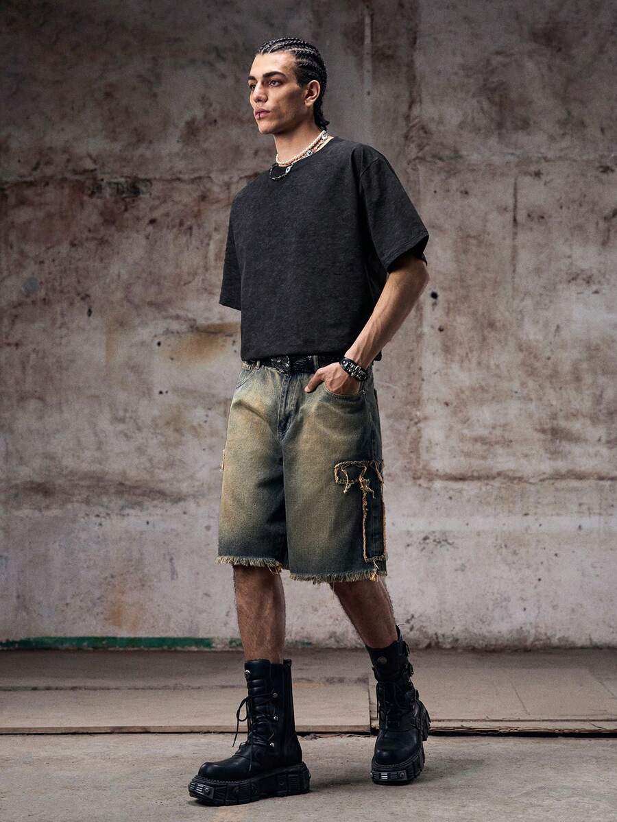 Skyrend Men's Loose Casual Bermuda Distressed Denim Shorts With Pockets Ripped Denim Shorts Men Ripped Denim Shortsemo - Light Wash - View 1