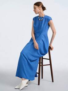 EMERY ROSE Đầm nữ thời trang cổ tròn, xếp ly, vạt bất đối xứng, vai tròn, kiểu dáng lãng mạn, thanh lịch, thích hợp đi làm, hẹn hò, dự tiệc, ăn tối, mùa xuân/hè. - Màu xanh lam - Xem 5