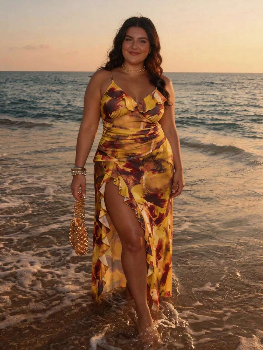 SHEIN BAE Robe longue à volants imprimée pour femmes grandes tailles, robe de vacances à fente haute