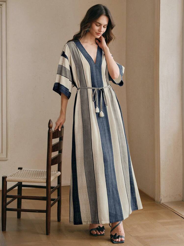 Loose V-Neck Printed Beach Dress, Striped, Vacation Style, Spring/Summer
