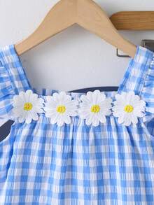 2026夏季新款女童4-7岁蓝白格子雏菊短袖两件套，儿童宽松阔腿裤套装 - 藍色 - 查看 7