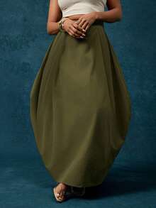 Vixey Váy maxi dáng phồng cạp cao màu ô liu - Màu xanh Ô liu - Xem 4