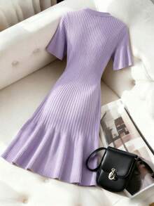 Ellegaria. Đầm len dệt kim cao cấp, kiểu dáng thanh lịch, ôm sát, gợi cảm, dành cho mùa xuân/thu, hàng mới về. - Màu tím hoa cà - Xem 2