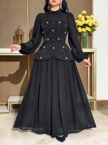 Modelyn 大码女式立领仿珍珠装饰优雅收腰派对连衣裙 - 黑色 - 查看 1