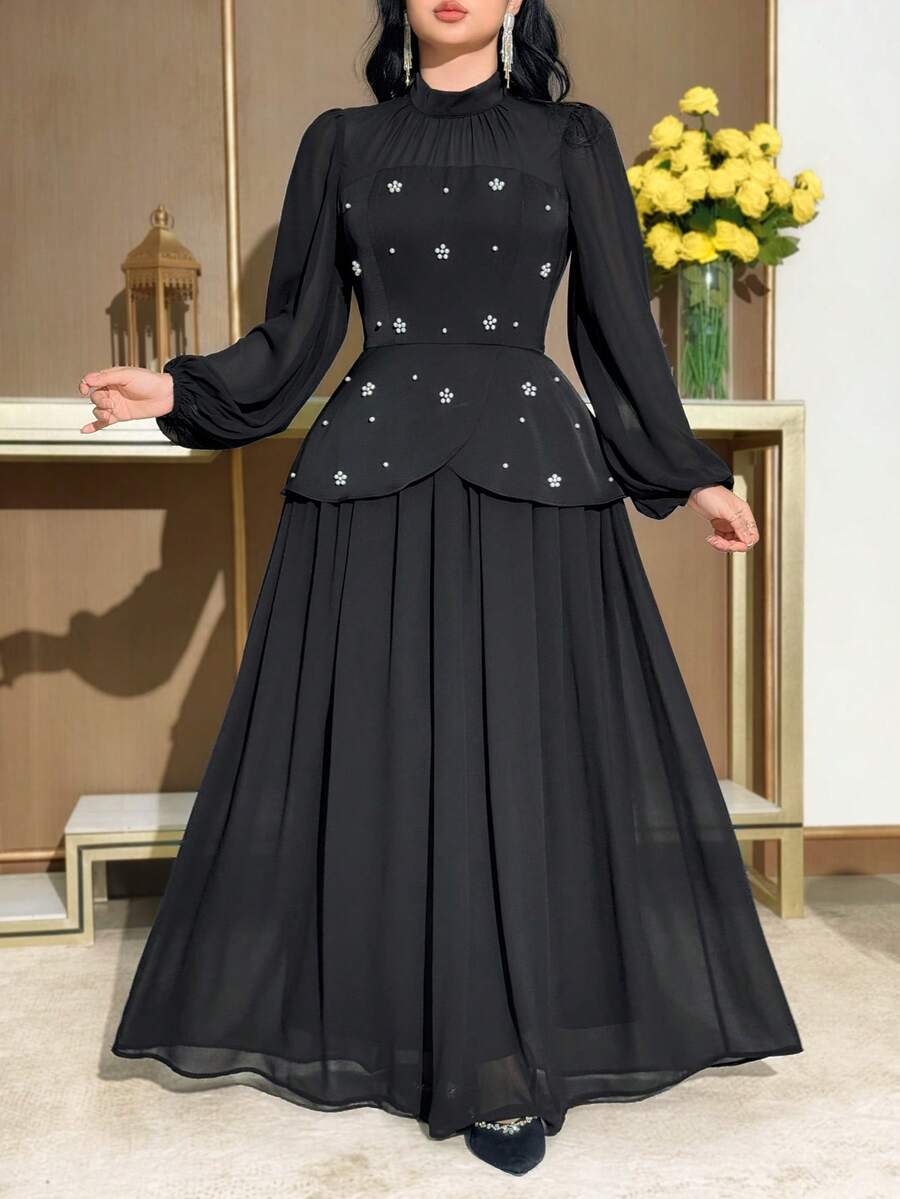 Modelyn 大码女式立领仿珍珠装饰优雅收腰派对连衣裙 - 黑色 - 查看 1