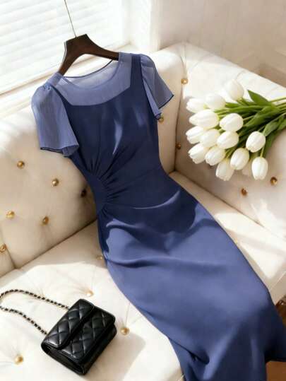 Franclia Đầm nữ dáng ôm dài ngang gối, cổ tròn, tay ngắn, xếp ly, thích hợp đi làm, công sở và mặc hàng ngày.