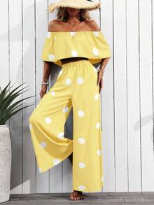 EMERY ROSE Women's Vacation Off-Shoulder Polka Dot Print Blouse And Wide-Leg Pants 2-Piece Set (Floral Pattern Randomly Cut) - Yellow - View 3