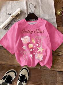 淺粉色夏季休閒可愛圖案海灘度假青少年女孩款 Salty Soul 海星貝殼珍珠蝴蝶結短袖圓領T恤，春季 - 彩色 - 查看 2