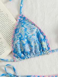 Swim Mod Nuevo Llegado Primavera/Verano Casual Bikini de Dos Piezas con Contraste de Color y Flor de Anacardo - Multicolor - Ver 3