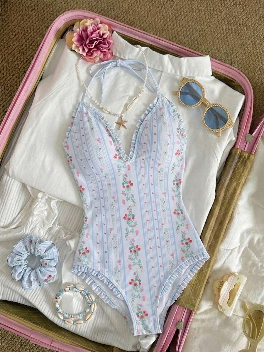 SHEIN MOD 女士性感露背碎花连体泳衣,度假款 - 藍白色 - 查看 1