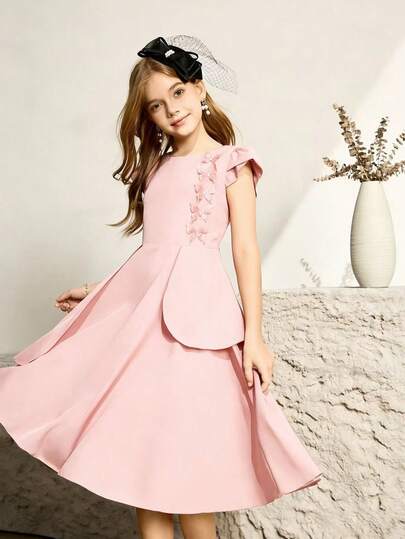 Đầm ngắn dáng chữ A màu trơn, họa tiết bướm, thích hợp cho bé gái, dự tiệc cưới, tiệc tùng, sinh nhật, tiệc chiêu đãi.