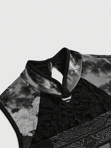 ROMWE Avant Atasan Tanpa Lengan Wanita Gaya Retro Cina Baru dengan Desain Bunga Jendela Taman, Motif Bunga, Kerah Mandarin - Grey - View 9
