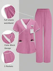 TaskEZ 2 piezas Conjunto de uniforme con top de cuello en V de manga corta y pantalones, uniforme de servicio de limpieza - Rosa - Ver 1