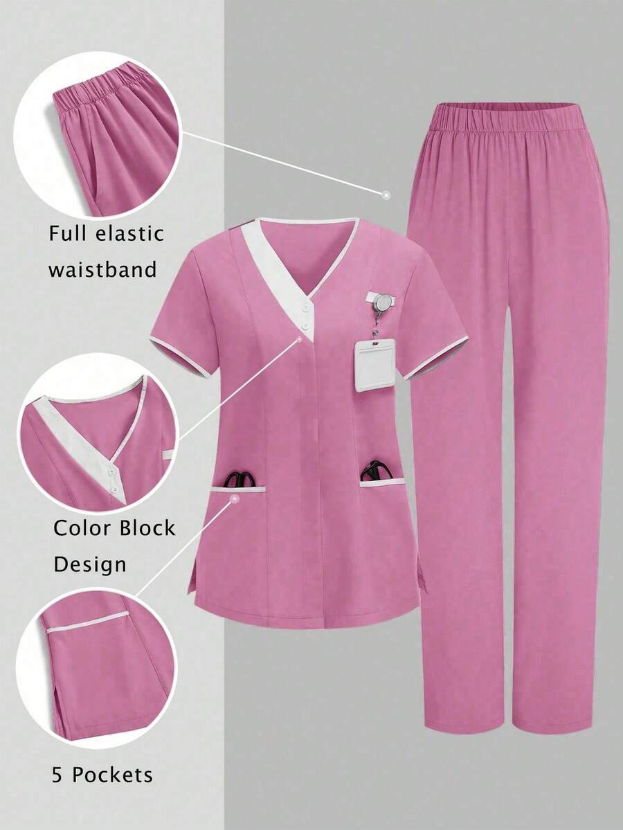 TaskEZ 2 piezas Conjunto de uniforme con top de cuello en V de manga corta y pantalones, uniforme de servicio de limpieza - Rosa - Ver 1