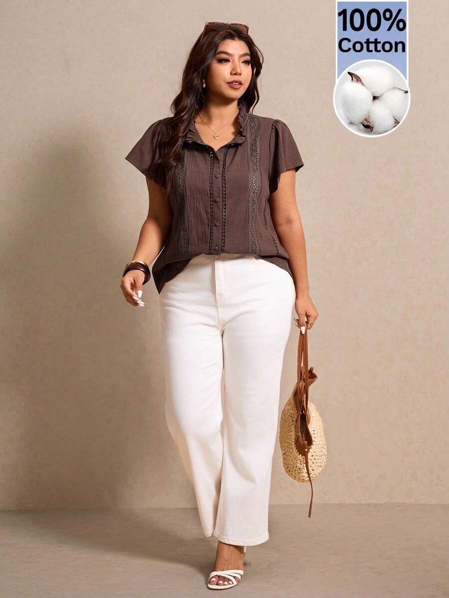 Elaquor Plus Size Casual Solid Color Short Sleeve Shirt, Summer Women's Tops And Blouses Blouse For Women Casual Modern Shirts For Ladies Casual Women's Shirts For Summer Women's Work Tops - Coffee Brown - View 1