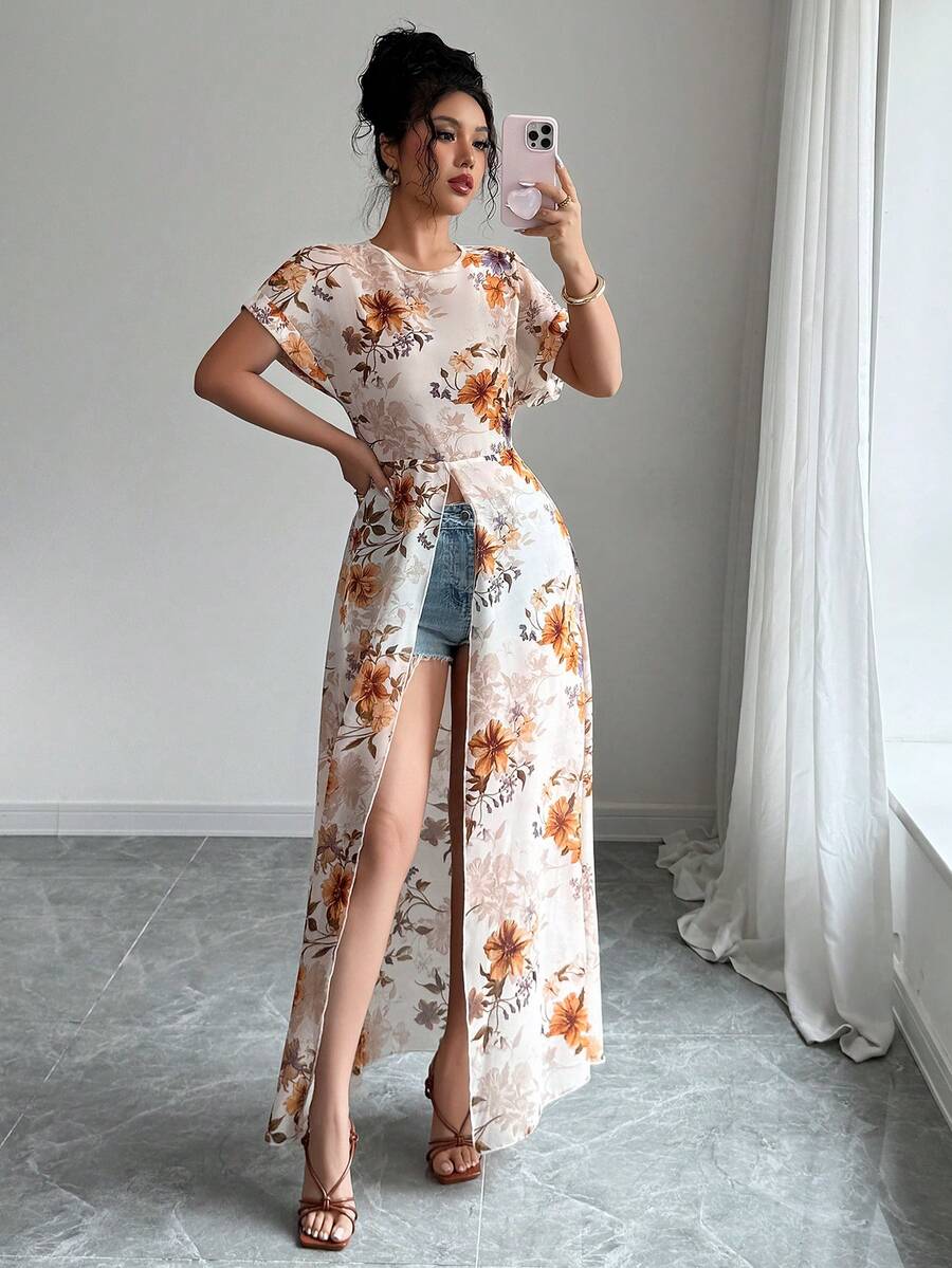 Selianne Áo sơ mi dài tay xẻ cao in hoa, phong cách thường ngày mùa hè. - Nhiều màu - Xem 1