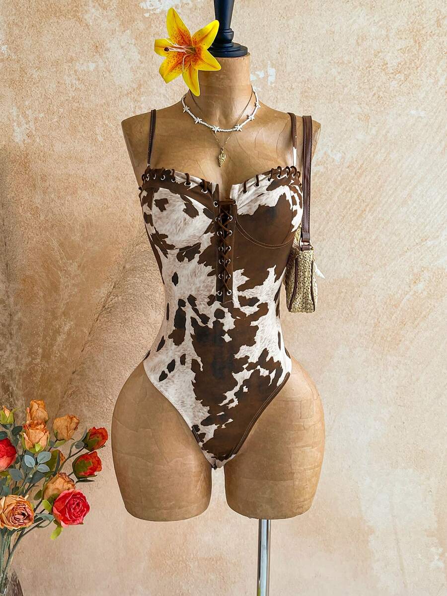 Soleia Women's Fashionable Cow Print Camisole Bodysuit For Summer - Multicolor - View 1
