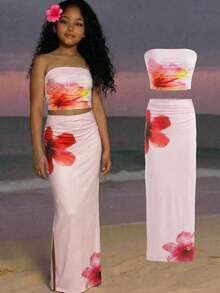 SHEIN 少女修身休闲印花背心和裙子套装 - 粉色 - 查看 1