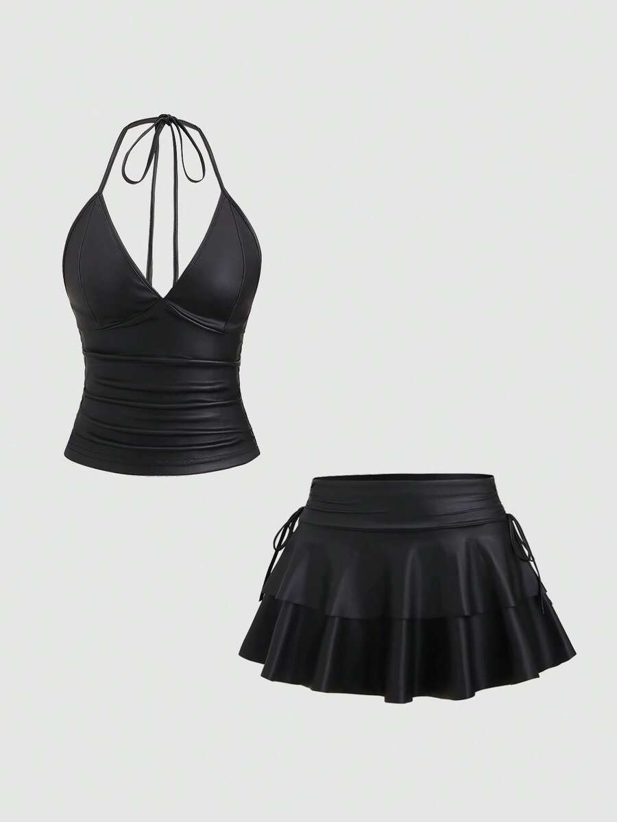 Sweetra Women's Solid Color Pleated Halter Neck Camisole And Mini Skirt 2-Piece Set, Spring/Summer - Black - View 1