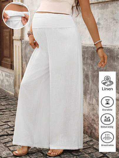 Boho Mama Quần bầu ống rộng màu trơn, cạp chun điều chỉnh được.