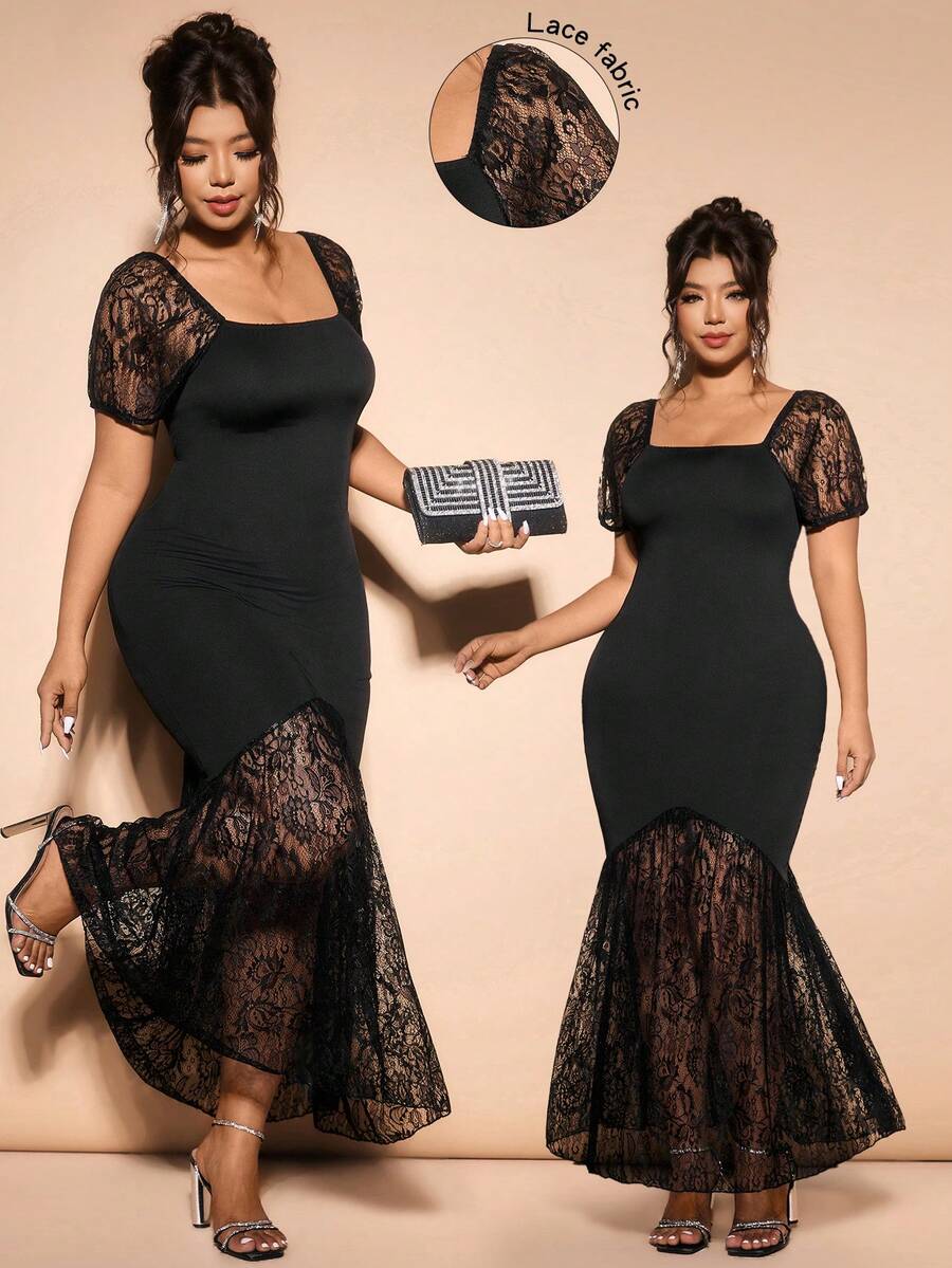 Allurite Plus Size Black Lace Mermaid Midi Dress, Square Neck Short ...